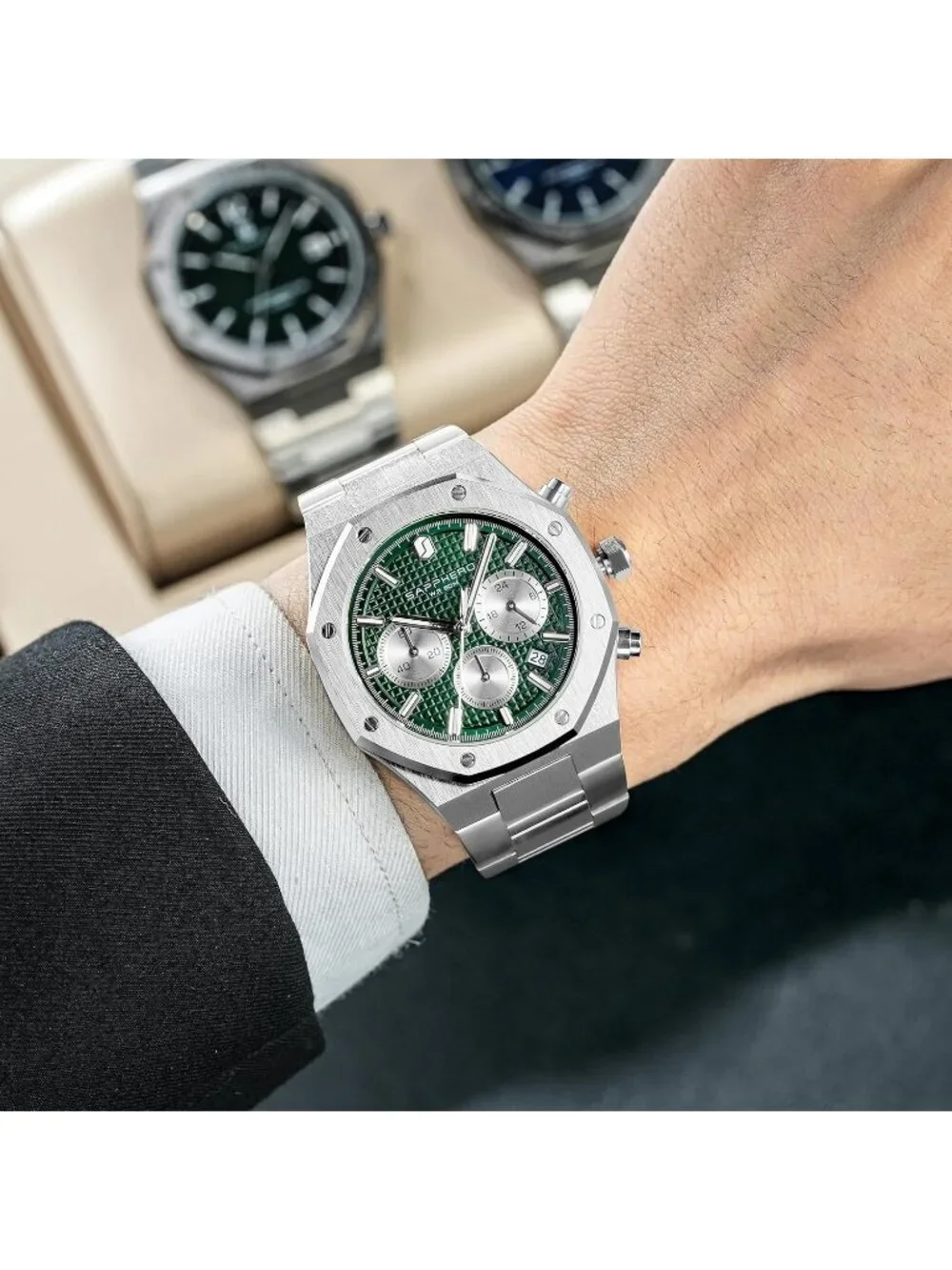 Men's Silver Strap Green Face Stainless Steel Octagonal Date Quartz Wrist Watch